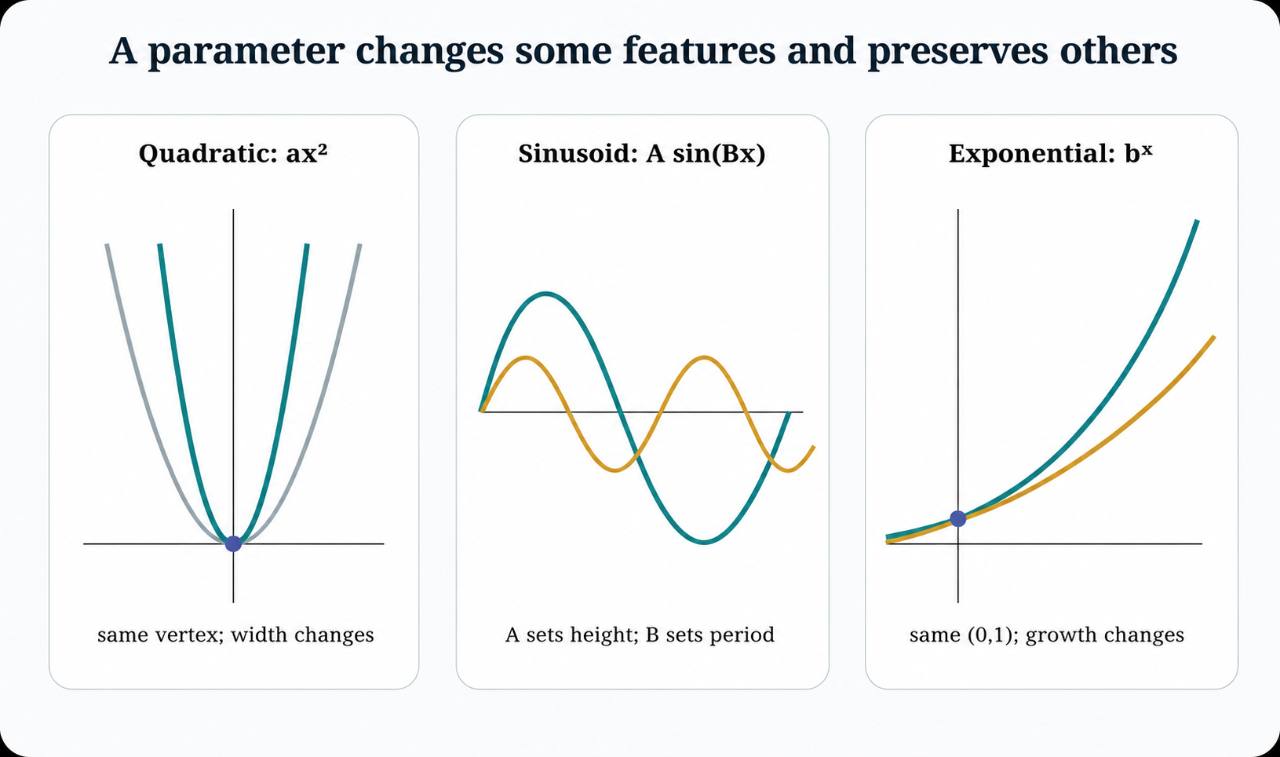 Quadratic, sinusoidal, and exponential function families showing how parameters change width, amplitude, period, and growth while preserving key points.