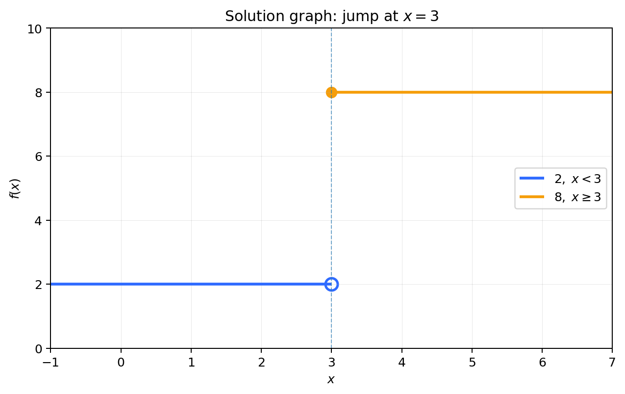 Solution graph for a piecewise jump at x=3.